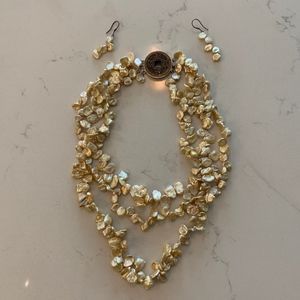 Triple Stranded Gold Coin Pearl Necklace with Earr